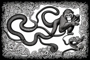 Monkey holding a snake in his hand as a whip while sitting on a horse tattoo idea