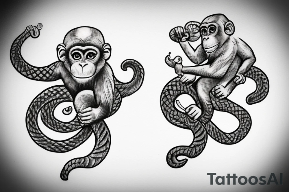 Monkey holding a snake in his hand as a whip while sitting on a horse tattoo idea