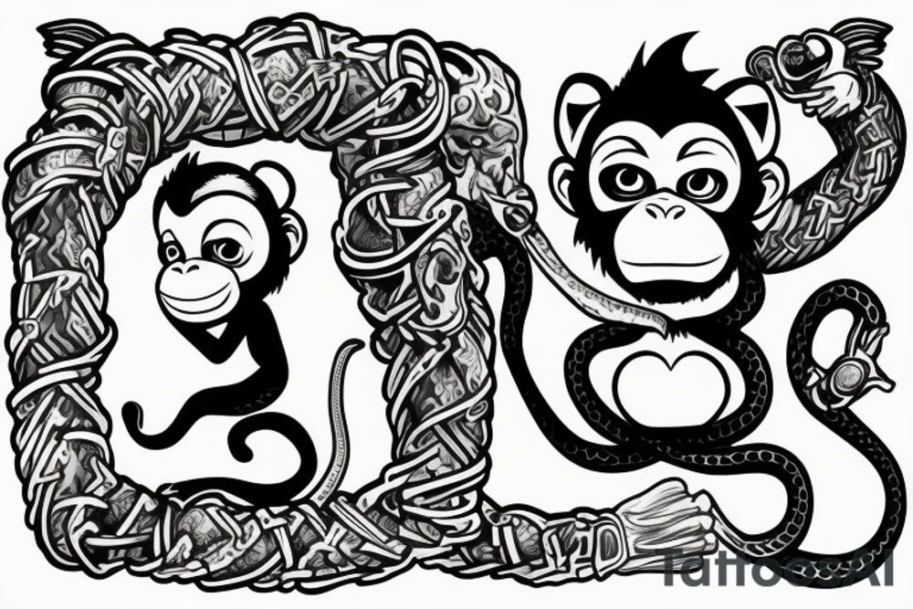 Monkey holding a snake in his hand as a whip while sitting on a horse tattoo idea
