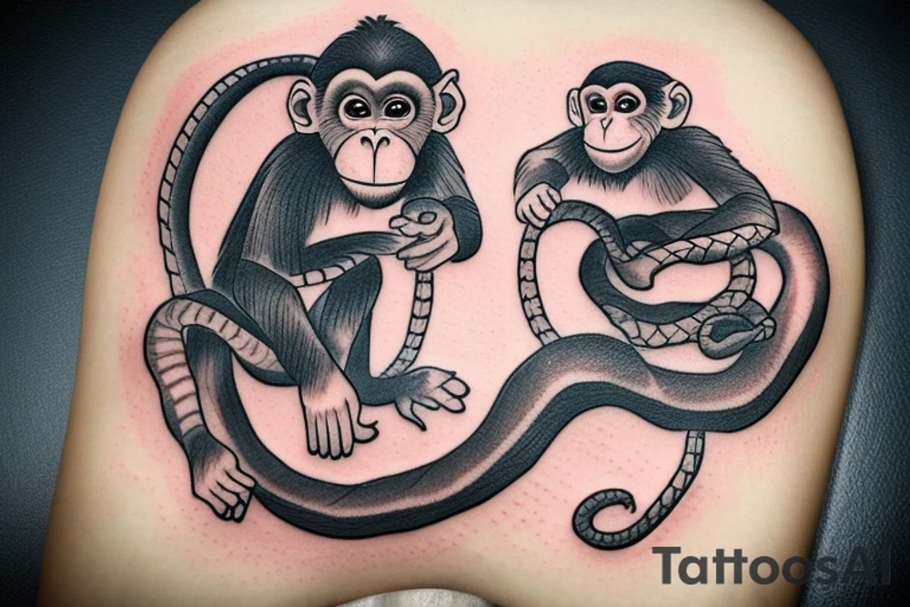 Monkey holding a snake in his hand as a whip while sitting on a horse tattoo idea