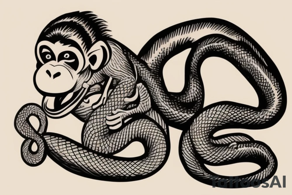 Monkey holding a snake in his hand as a whip, the monkey is riding a horse tattoo idea