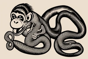 Monkey holding a snake in his hand as a whip, the monkey is riding a horse tattoo idea