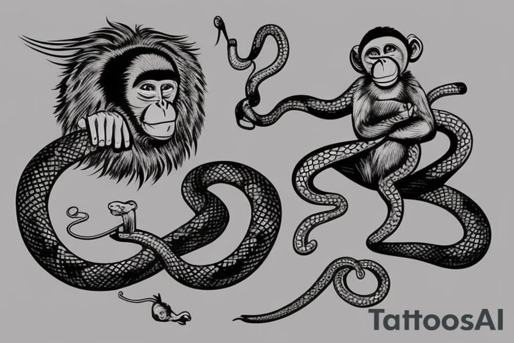 Monkey holding a snake in his hand as a whip, the monkey is riding a horse tattoo idea