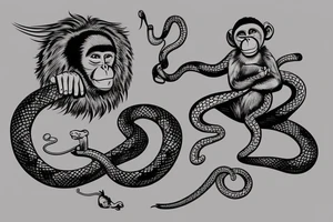 Monkey holding a snake in his hand as a whip, the monkey is riding a horse tattoo idea