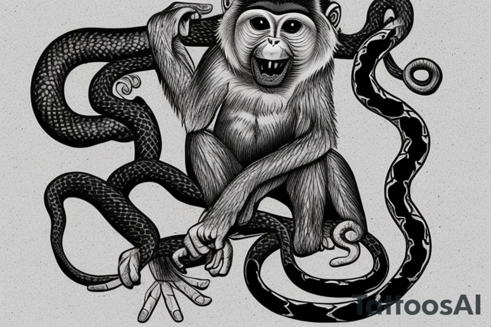 Monkey holding a snake in his hand as a whip, the monkey is riding a horse tattoo idea