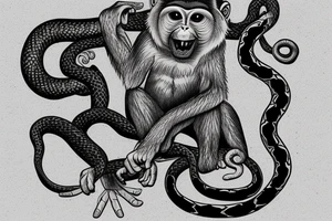 Monkey holding a snake in his hand as a whip, the monkey is riding a horse tattoo idea