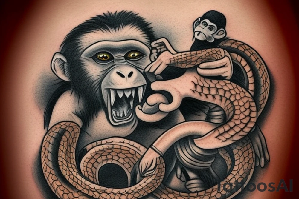 Monkey holding a snake in his hand as a whip, the monkey is riding a horse tattoo idea