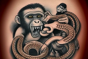 Monkey holding a snake in his hand as a whip, the monkey is riding a horse tattoo idea