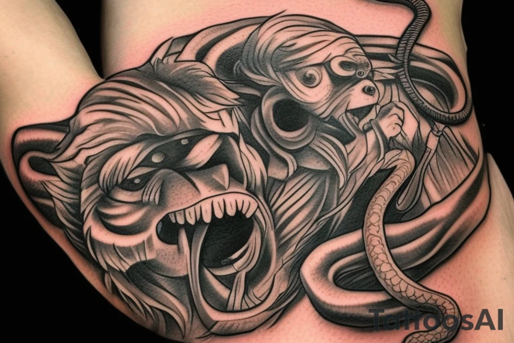 Monkey holding a snake in his hand as a whip, the monkey is riding a horse tattoo idea