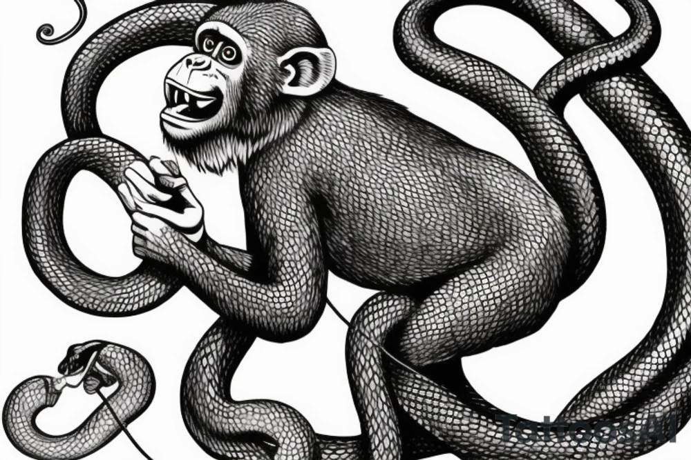 Monkey holding a snake in his hand as a whip, the monkey is riding a horse tattoo idea