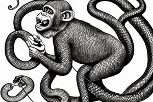Monkey holding a snake in his hand as a whip, the monkey is riding a horse tattoo idea