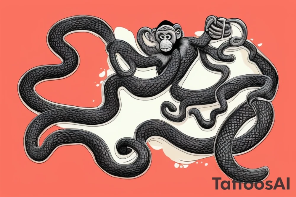 Monkey holding a snake in his hand as a whip, the monkey is riding a horse tattoo idea