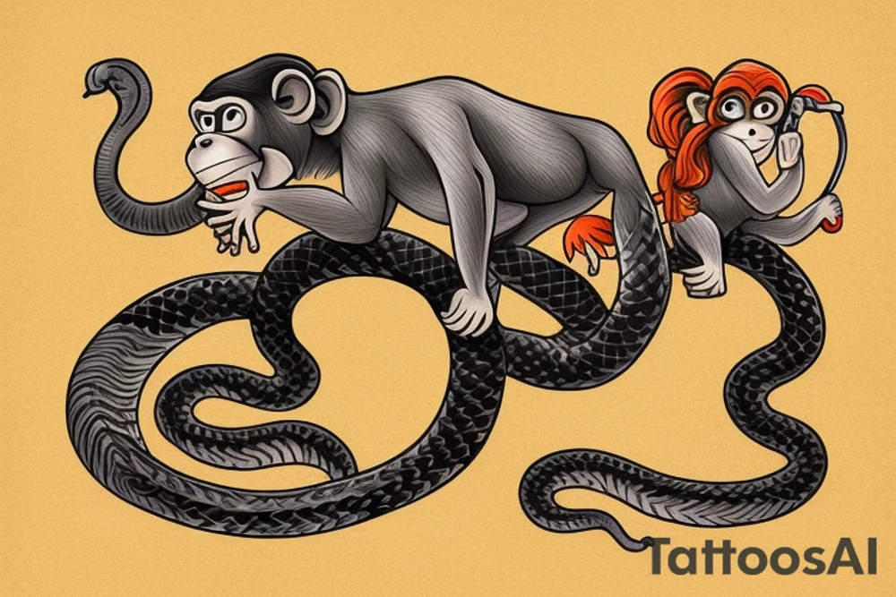 Monkey holding a snake in his hand as a whip, the monkey is riding a horse tattoo idea