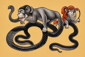 Monkey holding a snake in his hand as a whip, the monkey is riding a horse tattoo idea