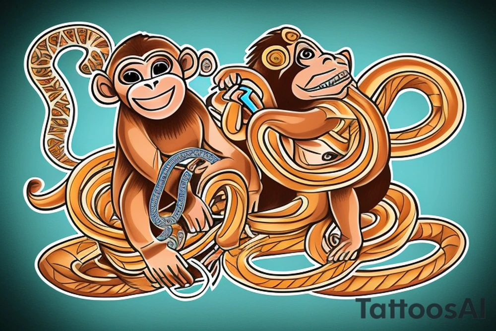 Monkey riding a horse holding a snake in his hand as a whip tattoo idea