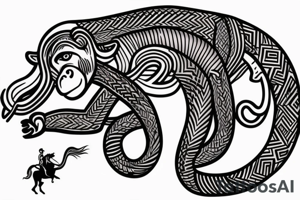Monkey riding a horse holding a snake in his hand as a whip tattoo idea