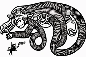 Monkey riding a horse holding a snake in his hand as a whip tattoo idea