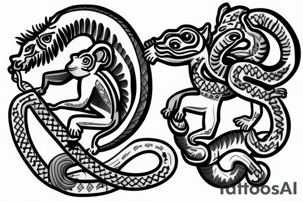 Monkey riding a horse holding a snake in his hand as a whip tattoo idea