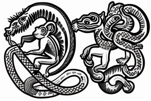 Monkey riding a horse holding a snake in his hand as a whip tattoo idea