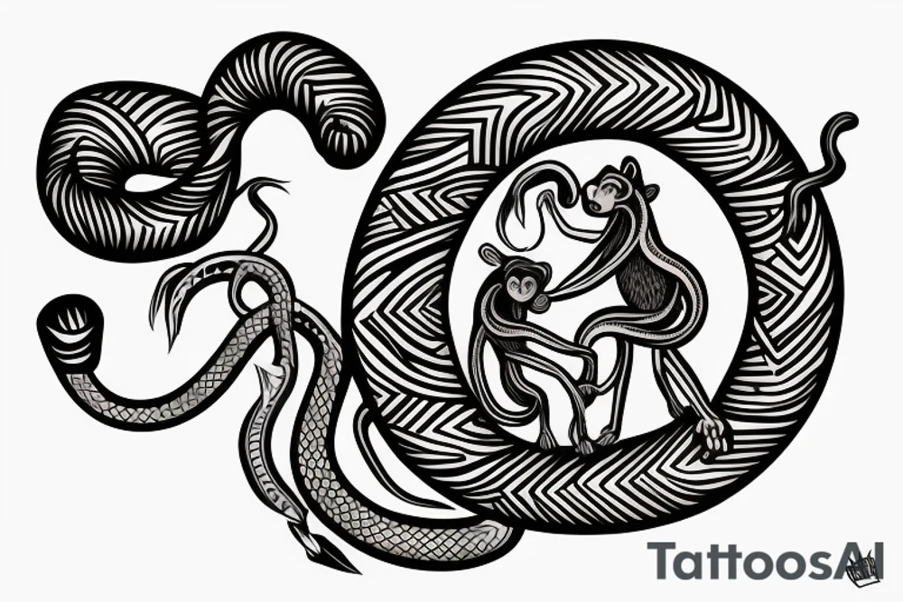 Monkey riding a horse holding a snake in his hand as a whip tattoo idea