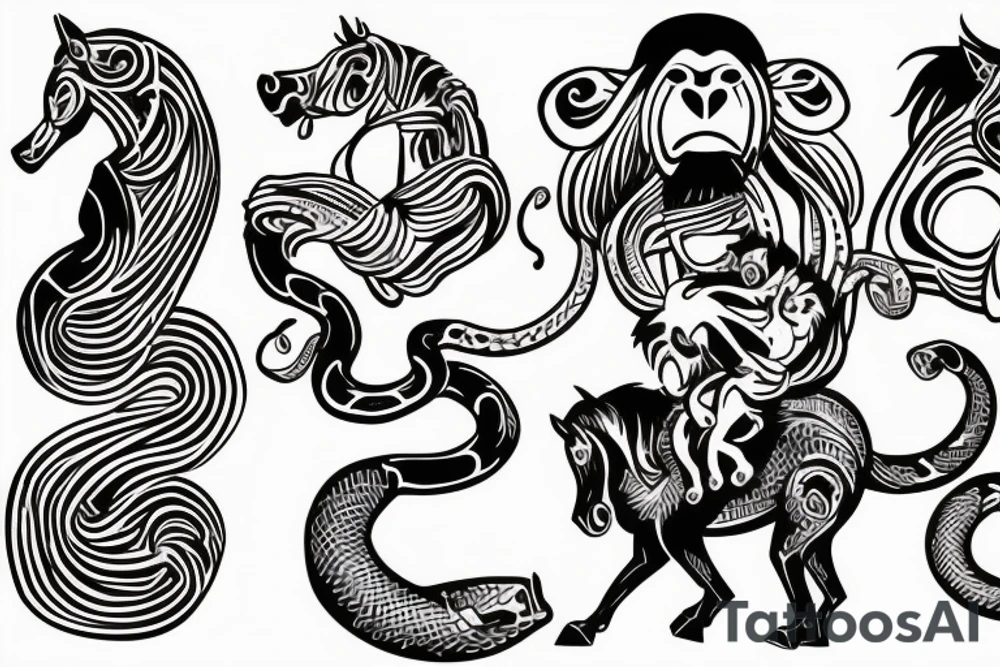 Monkey riding a horse holding a snake in his hand as a whip tattoo idea