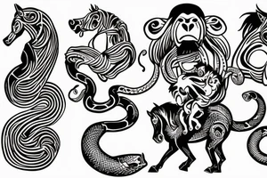 Monkey riding a horse holding a snake in his hand as a whip tattoo idea