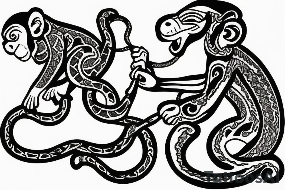 Monkey riding a horse holding a snake in his hand as a whip tattoo idea