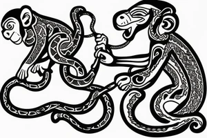 Monkey riding a horse holding a snake in his hand as a whip tattoo idea