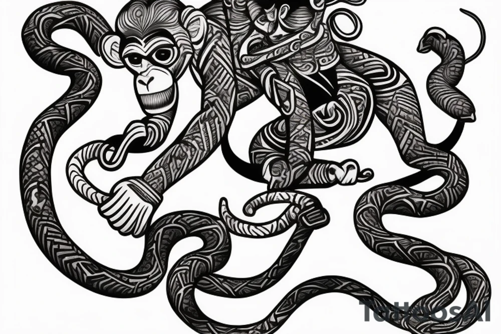Monkey riding a horse holding a snake in his hand as a whip tattoo idea