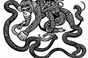 Monkey riding a horse holding a snake in his hand as a whip tattoo idea