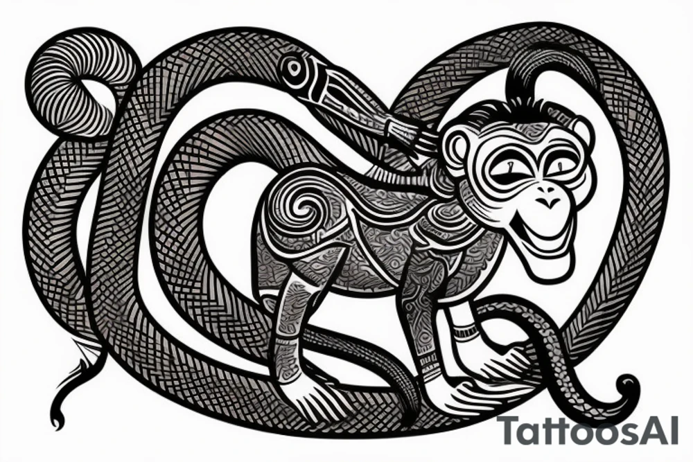 Monkey riding a horse holding a snake in his hand as a whip tattoo idea