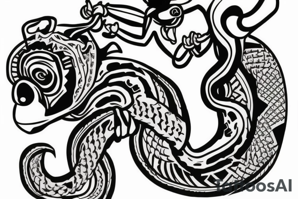 Monkey riding a horse holding a snake in his hand as a whip tattoo idea