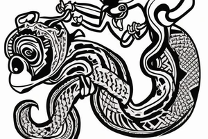 Monkey riding a horse holding a snake in his hand as a whip tattoo idea