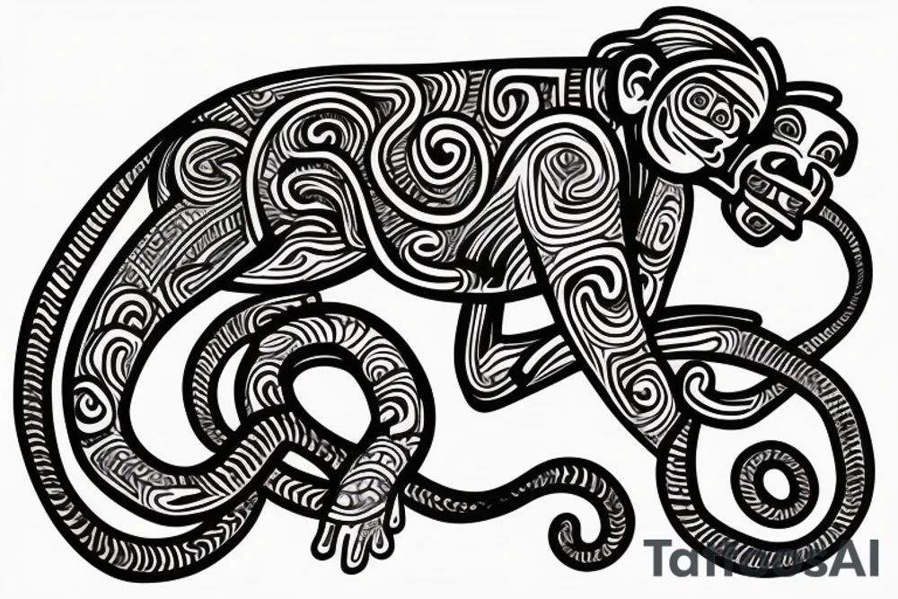 Monkey riding a horse holding a snake in his hand as a whip tattoo idea