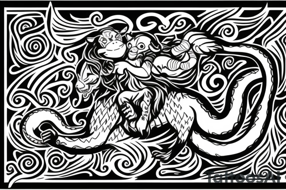 Monkey riding a horse holding a snake in his hand as a whip tattoo idea