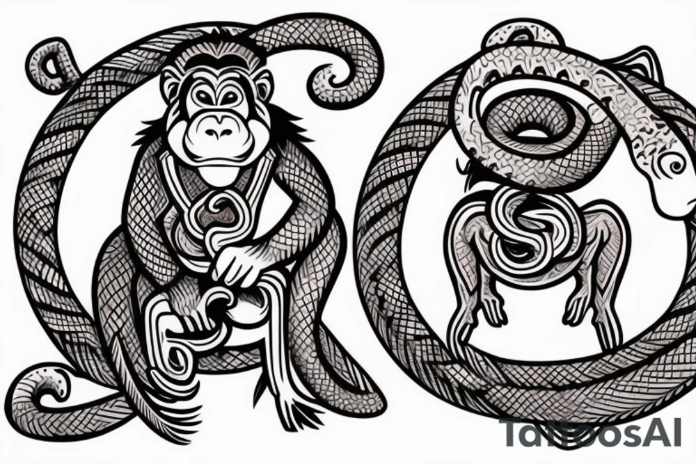 Monkey riding a horse holding a snake in his hand as a whip tattoo idea