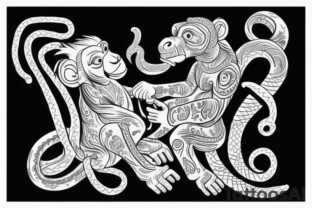 Monkey riding a horse holding a snake in his hand as a whip tattoo idea