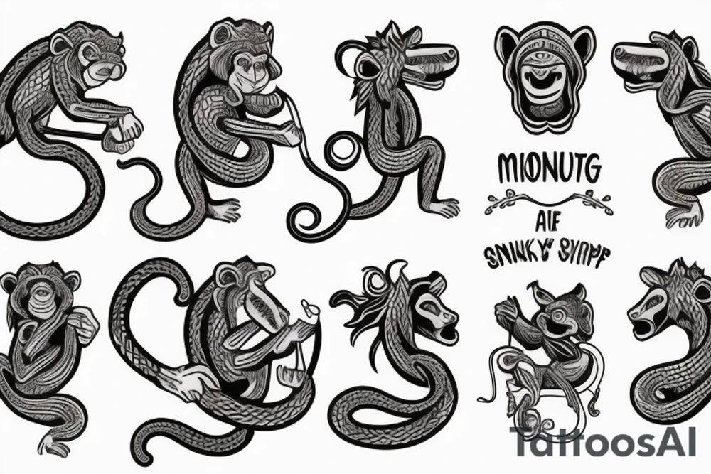 Monkey riding a horse holding a snake in his hand as a whip tattoo idea