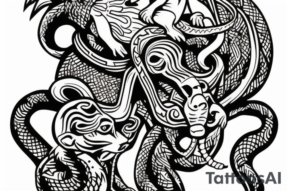 Monkey riding a horse holding a snake in his hand as a whip tattoo idea