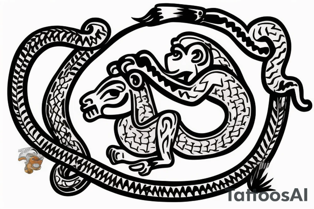 Monkey riding a horse holding a snake in his hand as a whip tattoo idea