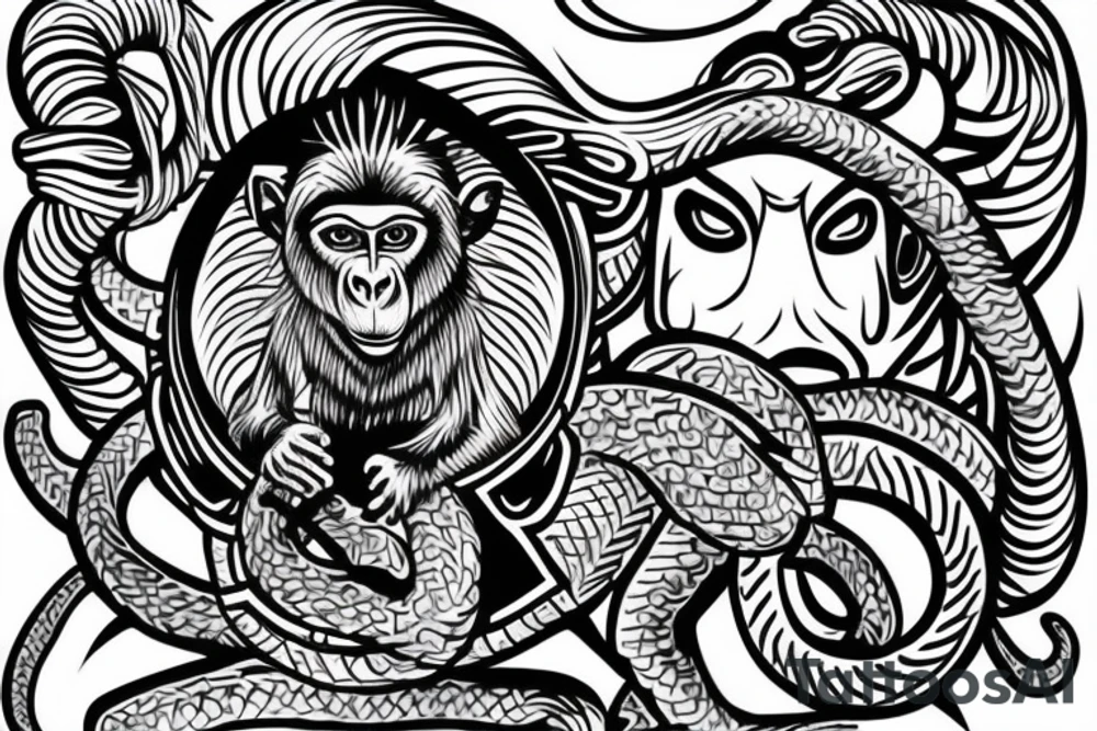 Monkey riding a horse holding a snake in his hand as a whip tattoo idea