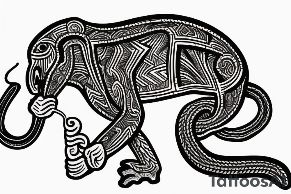 Monkey riding a horse holding a snake in his hand as a whip tattoo idea