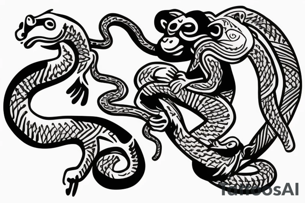 Monkey riding a horse holding a snake in his hand as a whip tattoo idea