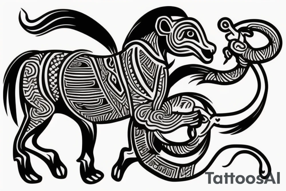 Monkey riding a horse holding a snake in his hand as a whip tattoo idea