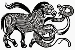 Monkey riding a horse holding a snake in his hand as a whip tattoo idea