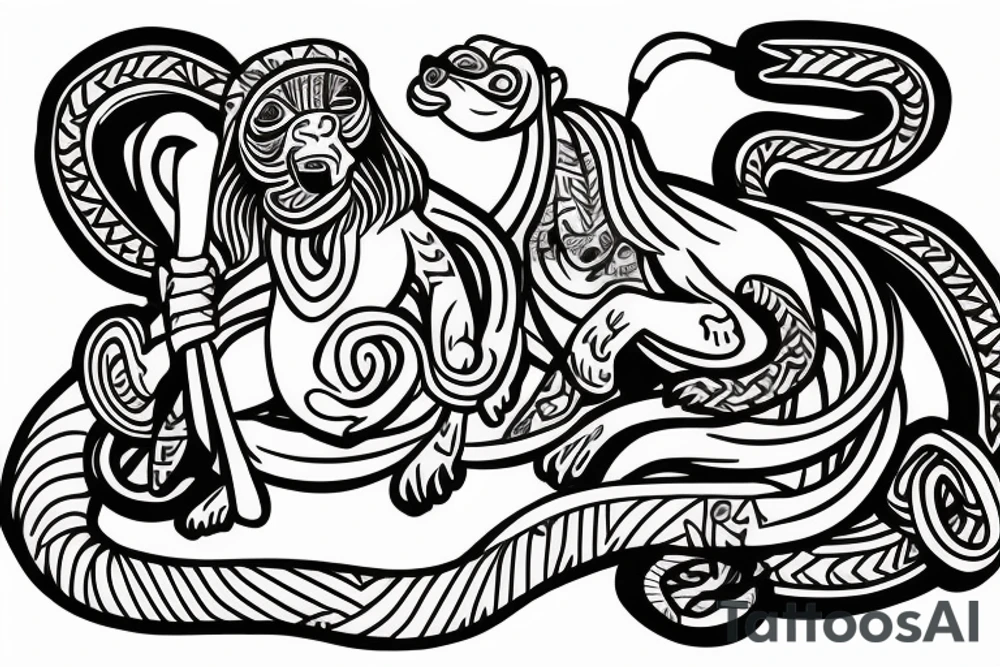 Monkey riding a horse holding a snake in his hand as a whip tattoo idea