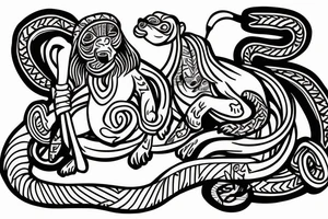 Monkey riding a horse holding a snake in his hand as a whip tattoo idea