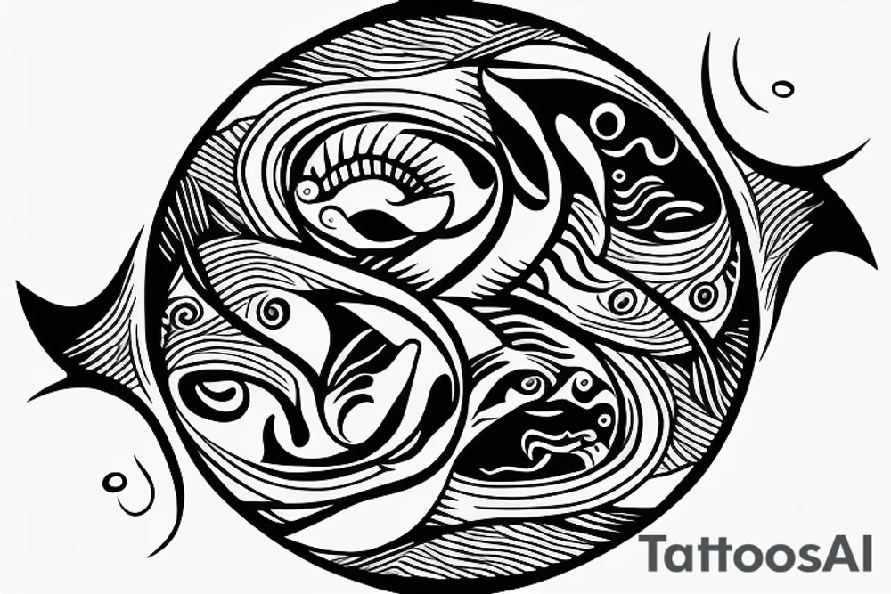 Yin Yang fish swimming around a half moon in a circle tattoo idea