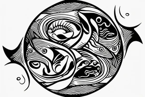 Yin Yang fish swimming around a half moon in a circle tattoo idea