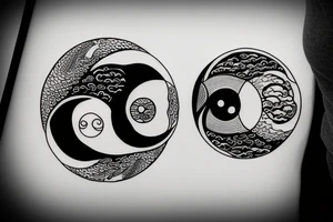 Yin Yang fish swimming around a half moon in a circle tattoo idea